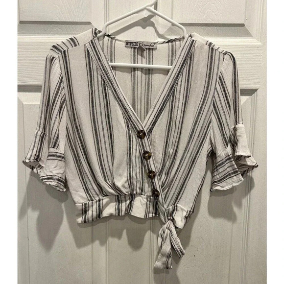 Gypsies & Moondust Tops - Gypsies & Moondust Women's Juniors' Striped Wrap Blouse‎ Small White Black